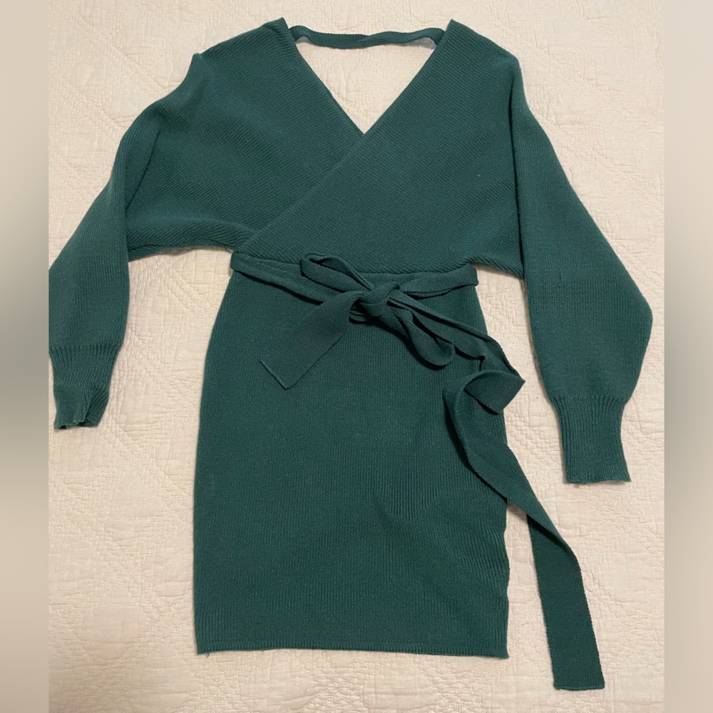 Green Faux Wrap Sweater Dress with Tie